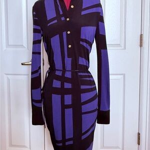 Calvin Klein Purple and Black Long-Sleeve Shirt Dress